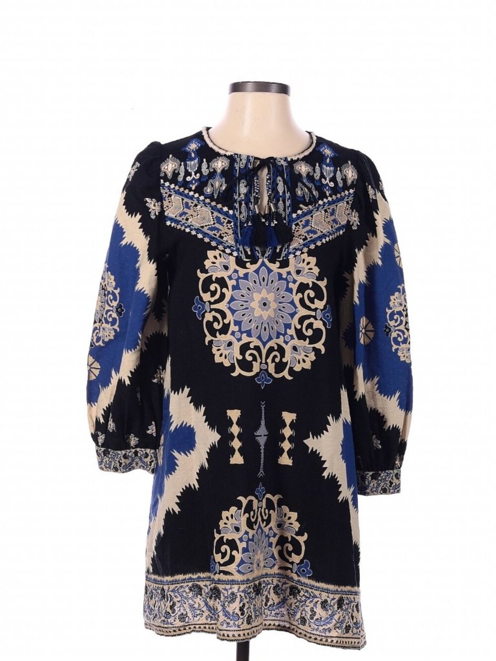 Zara Embroidered Ikat Tunic Dress Black Blue Size S